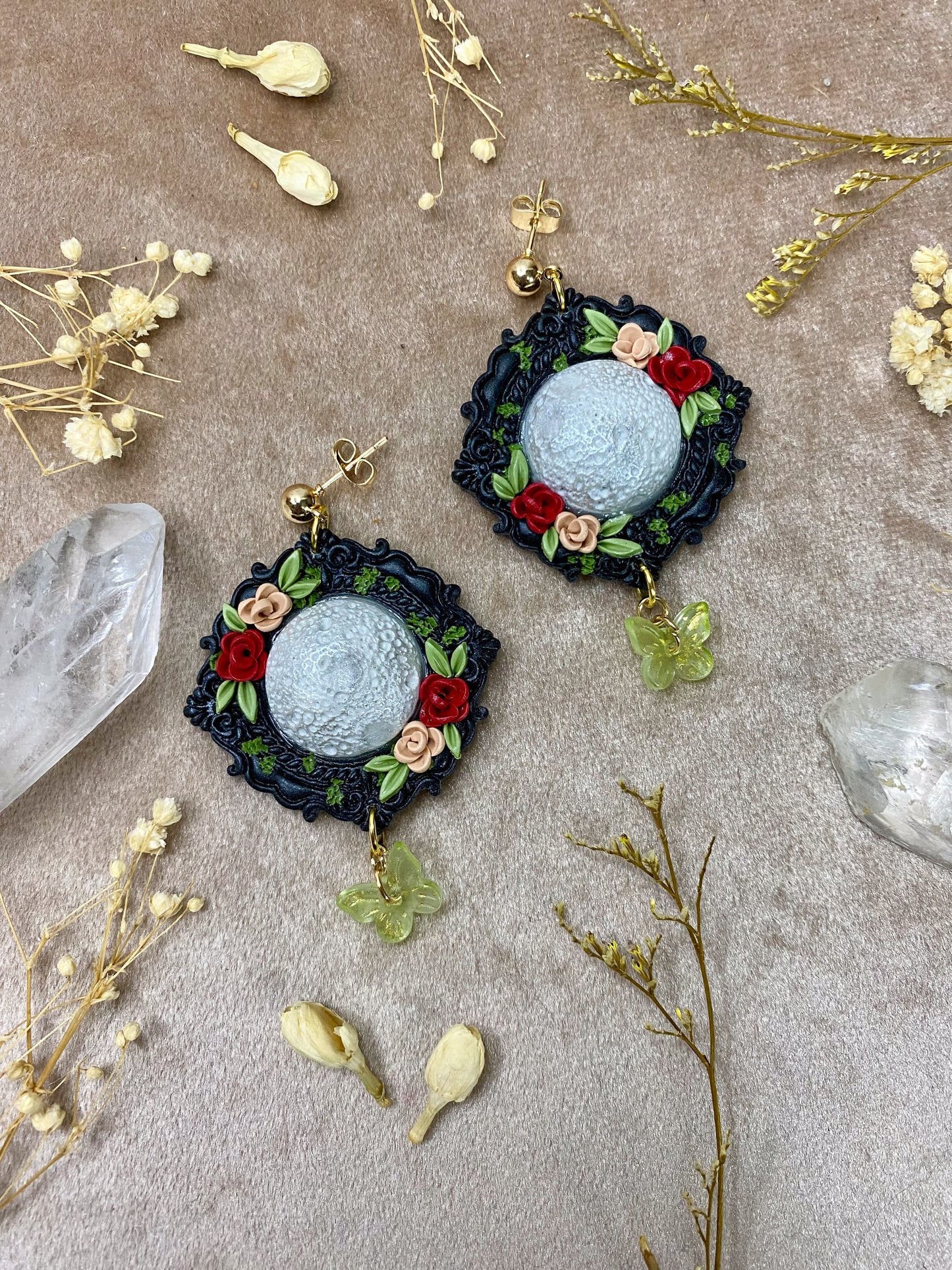 polymer clay floral moon frame dangle earrings