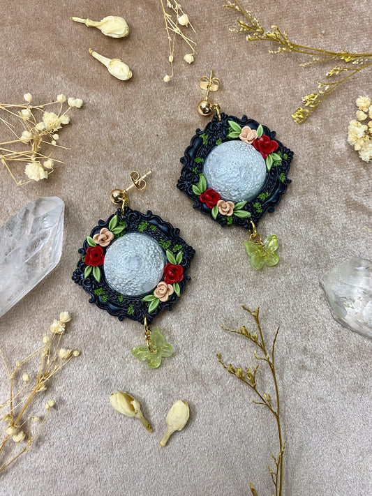 polymer clay floral moon frame dangle earrings