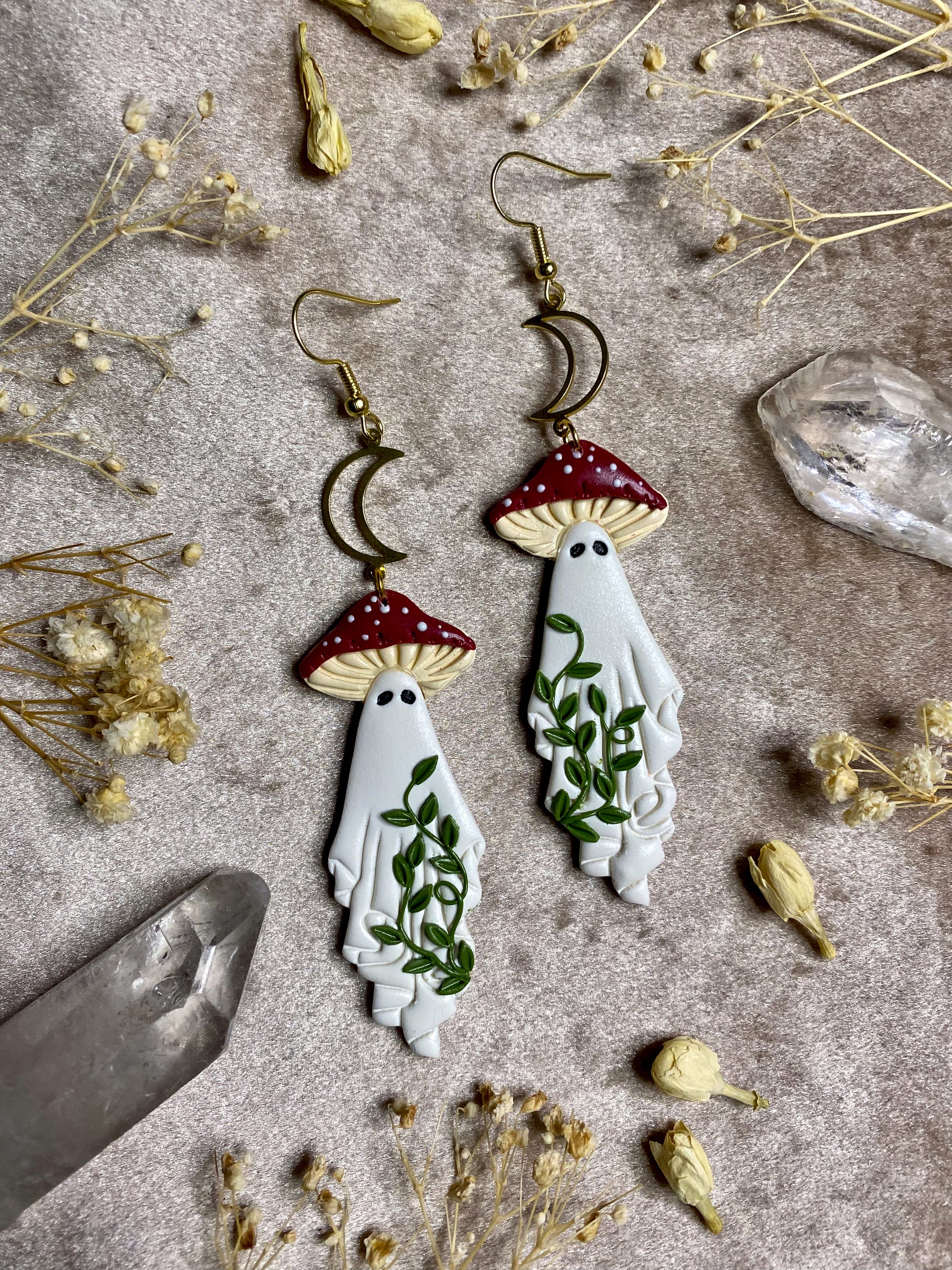 cottage core mushroom ghost polymer clay earrings