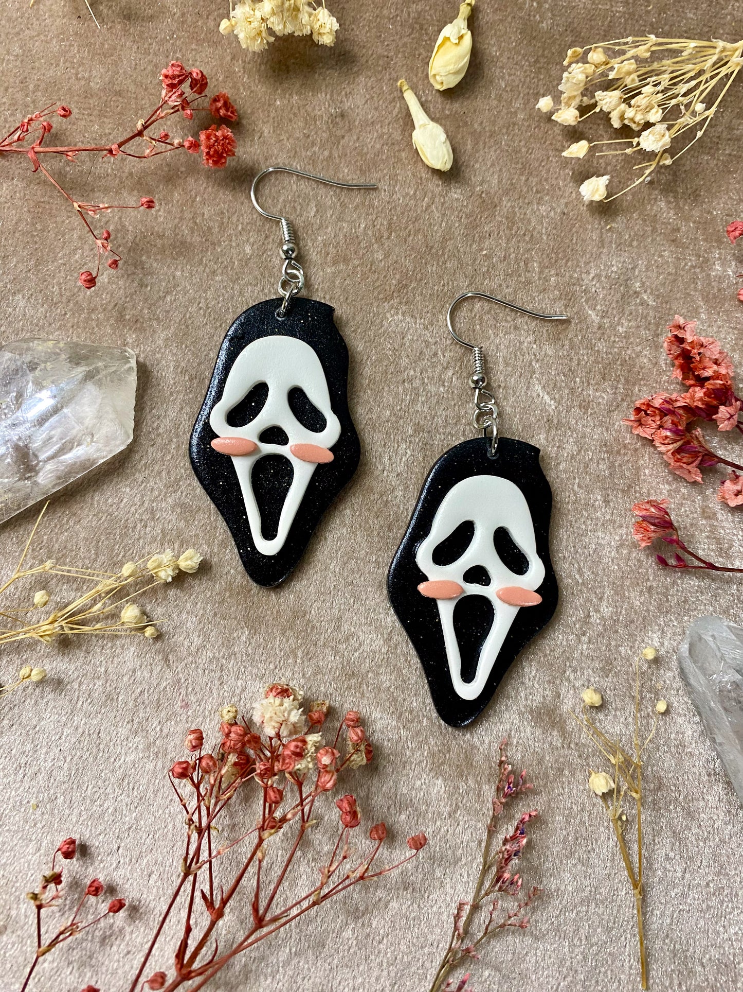 polymer clay kawaii ghost face sparkle dangle earrings