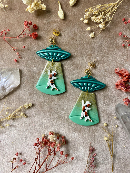 polymer clay alien abduction of cats dangle earrings