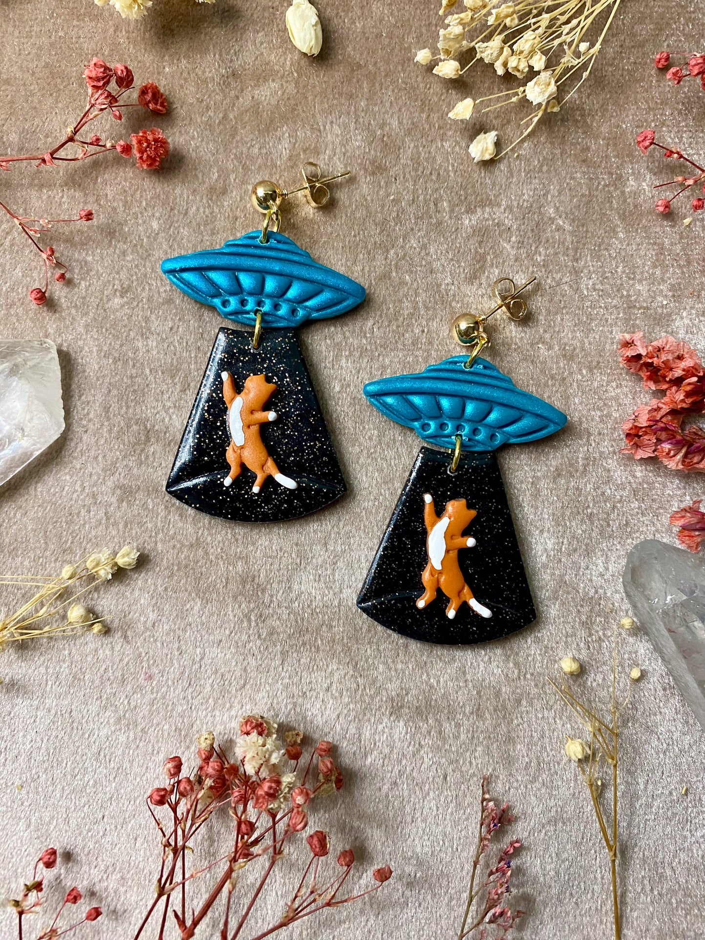 polymer clay alien abduction of cats dangle earrings