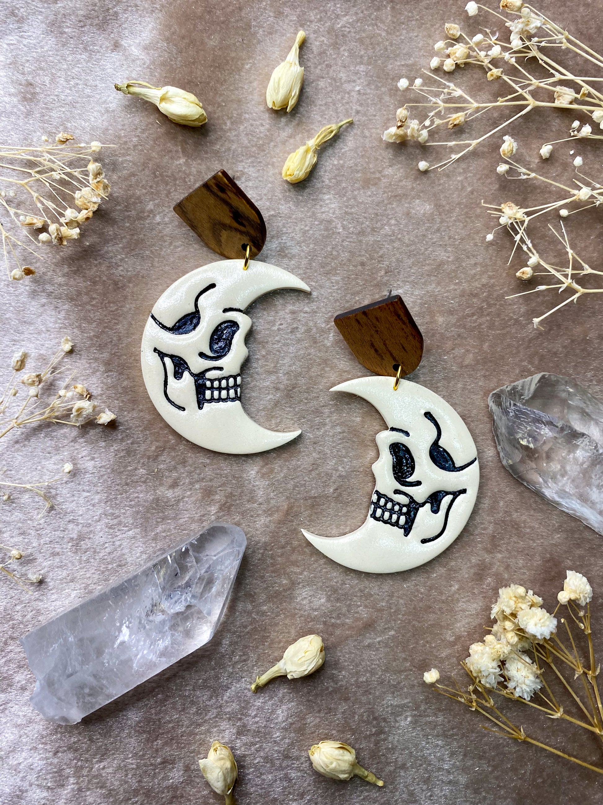 polymer clay and wood skull moon earrings