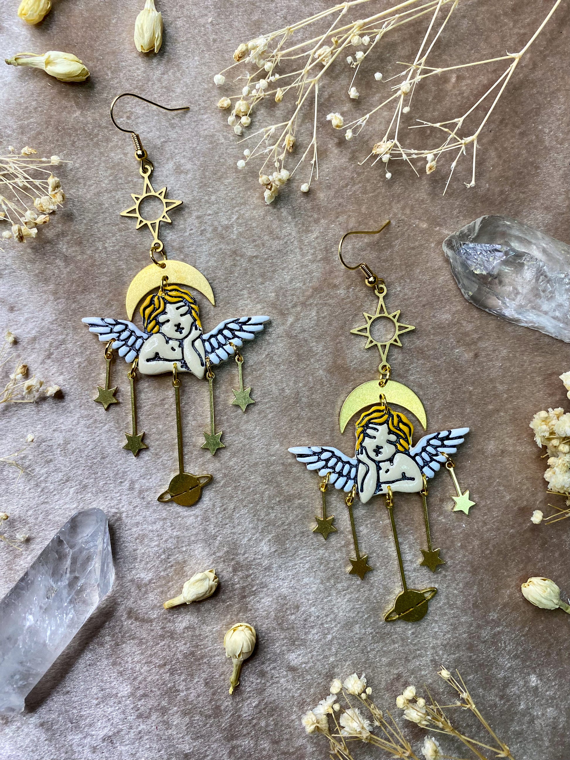 polymer clay cherub angel dangle earrings