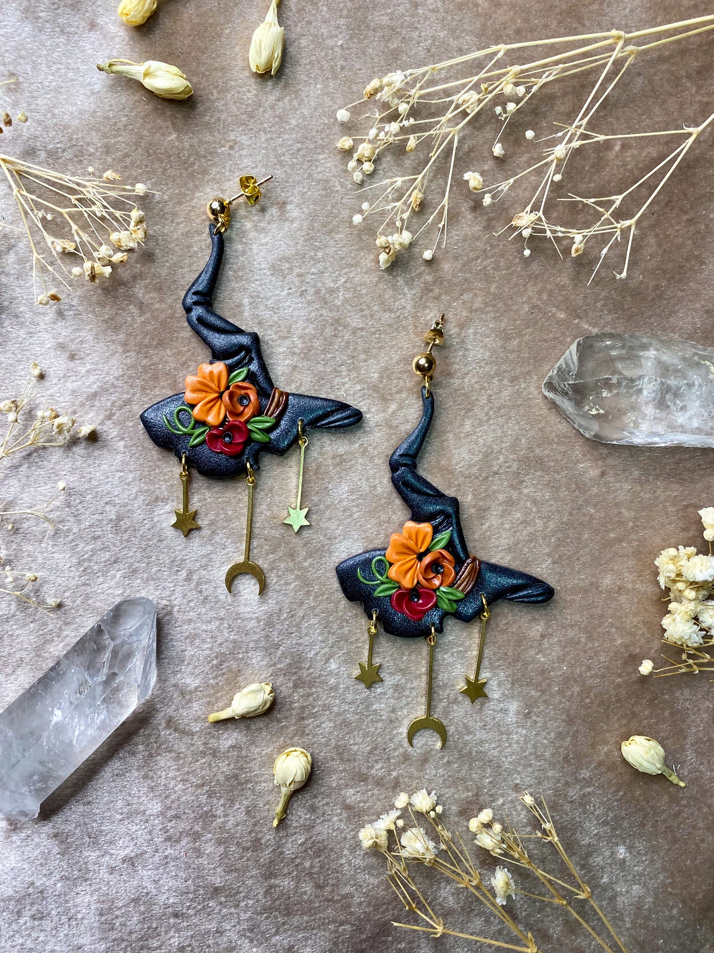 polymer clay fall floral witch hat halloween earrings