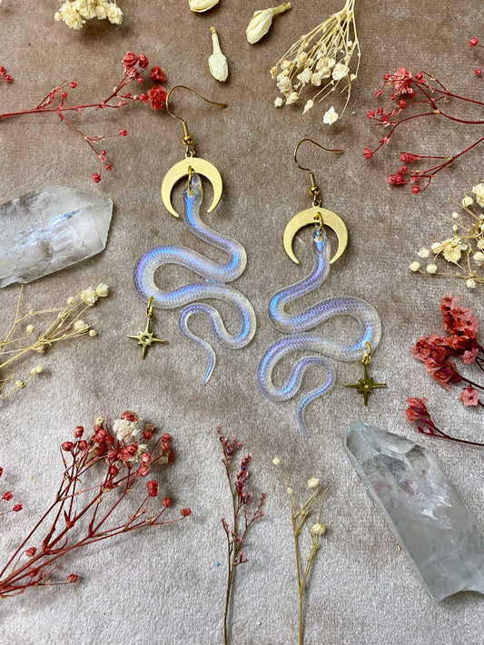 resin iridescent translucent snake dangle earrings