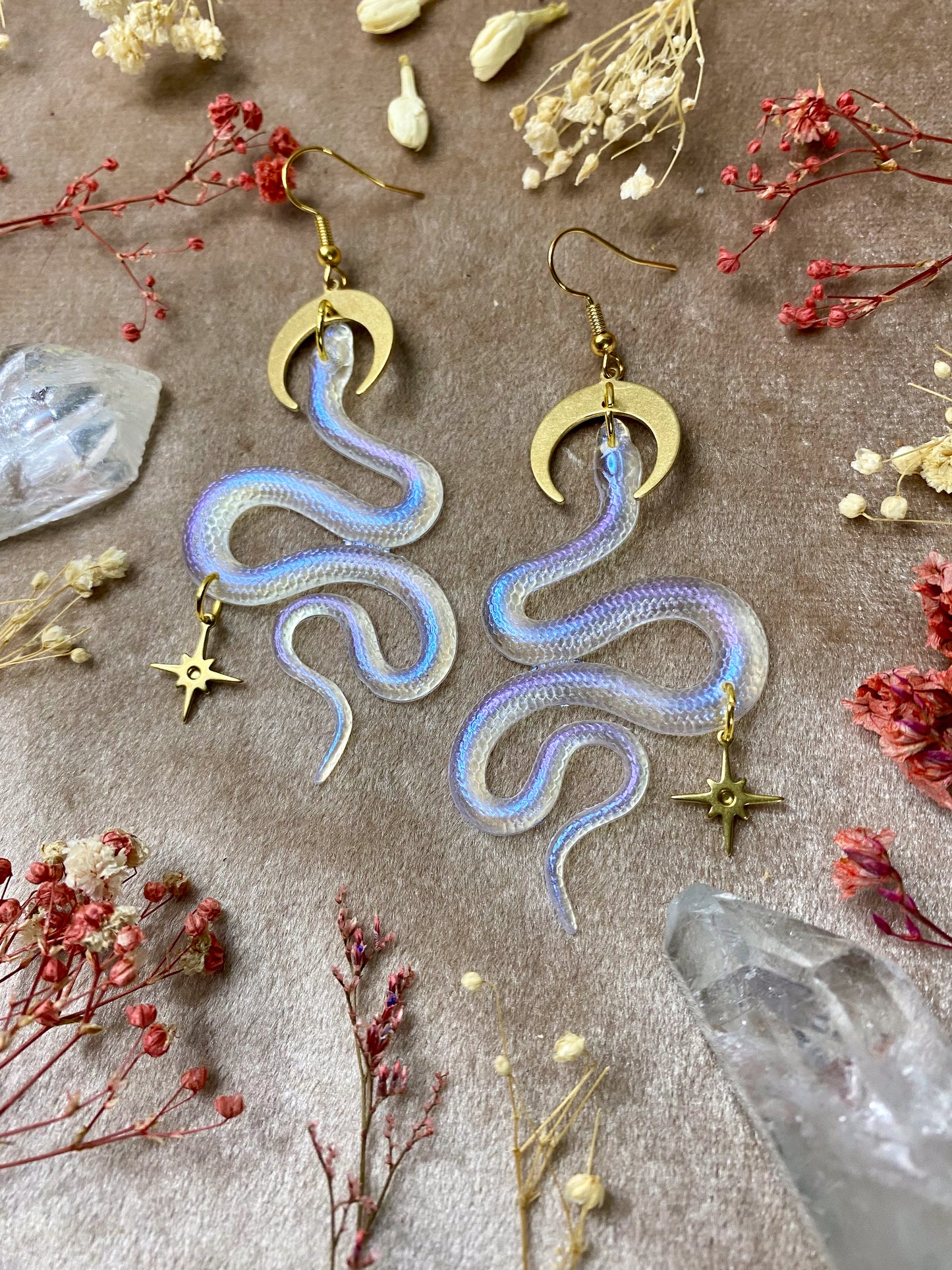 Blue Violet Iridescent Translucent Snake Earrings