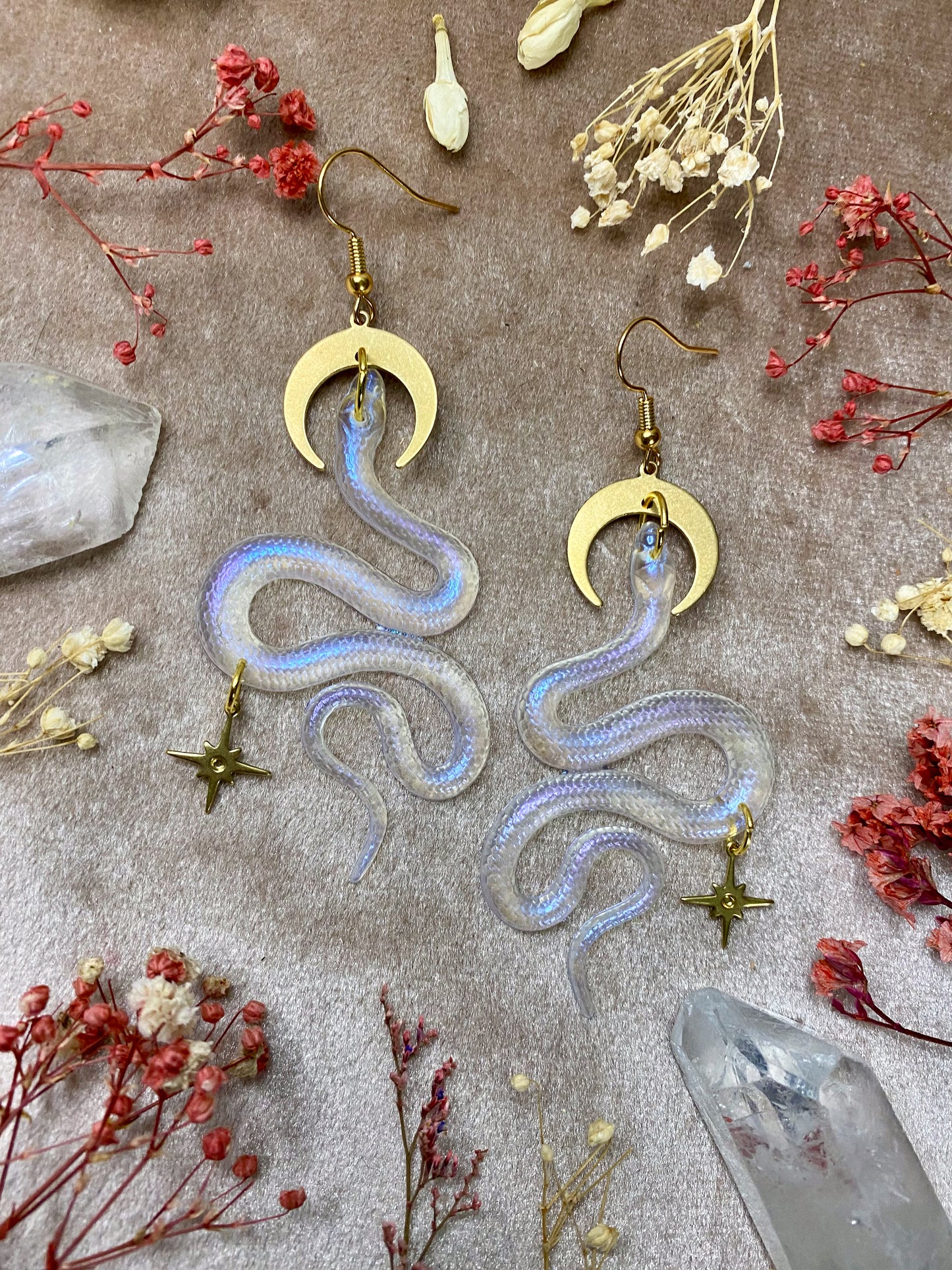 Blue Violet Iridescent Translucent Snake Earrings