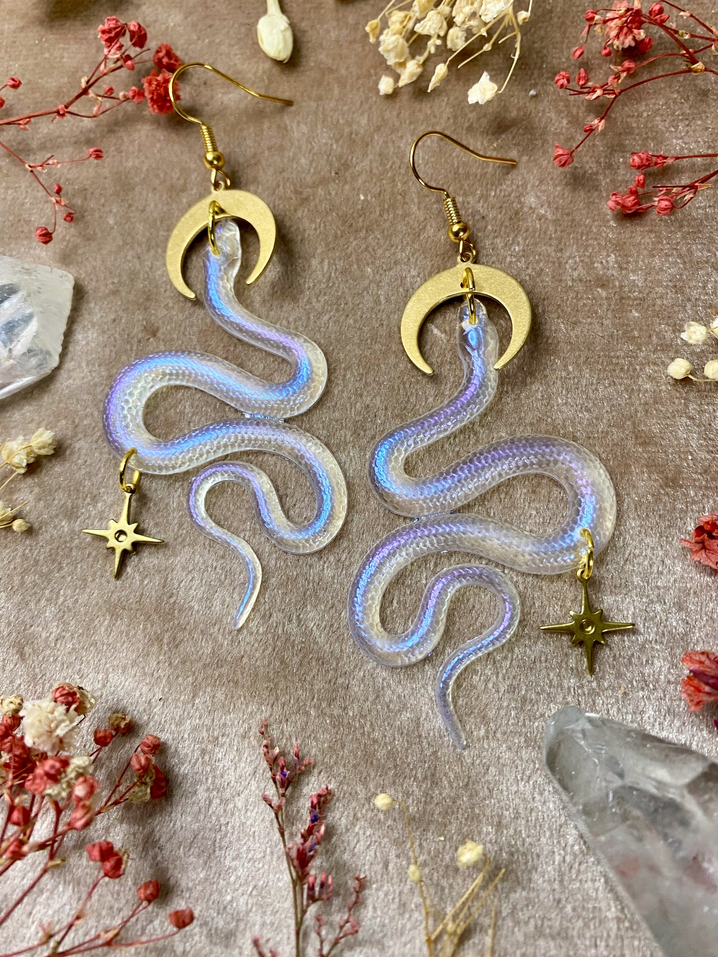 Blue Violet Iridescent Translucent Snake Earrings