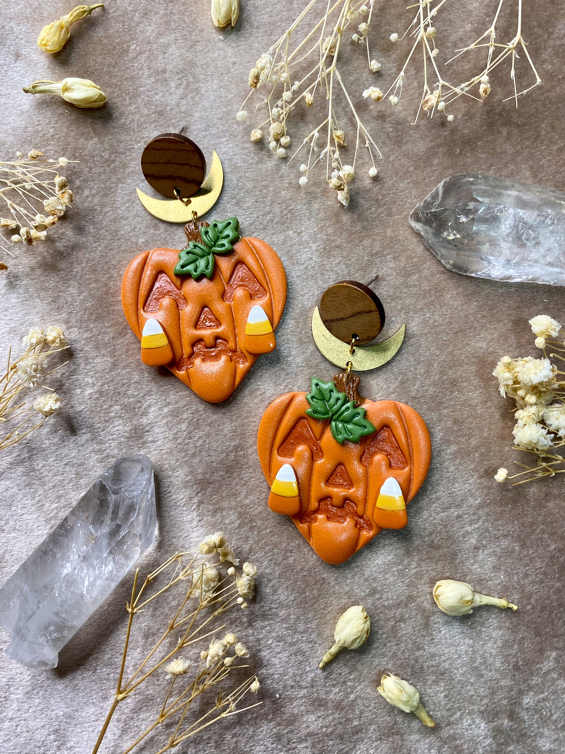 crying pumpkin heart earrings polymer clay