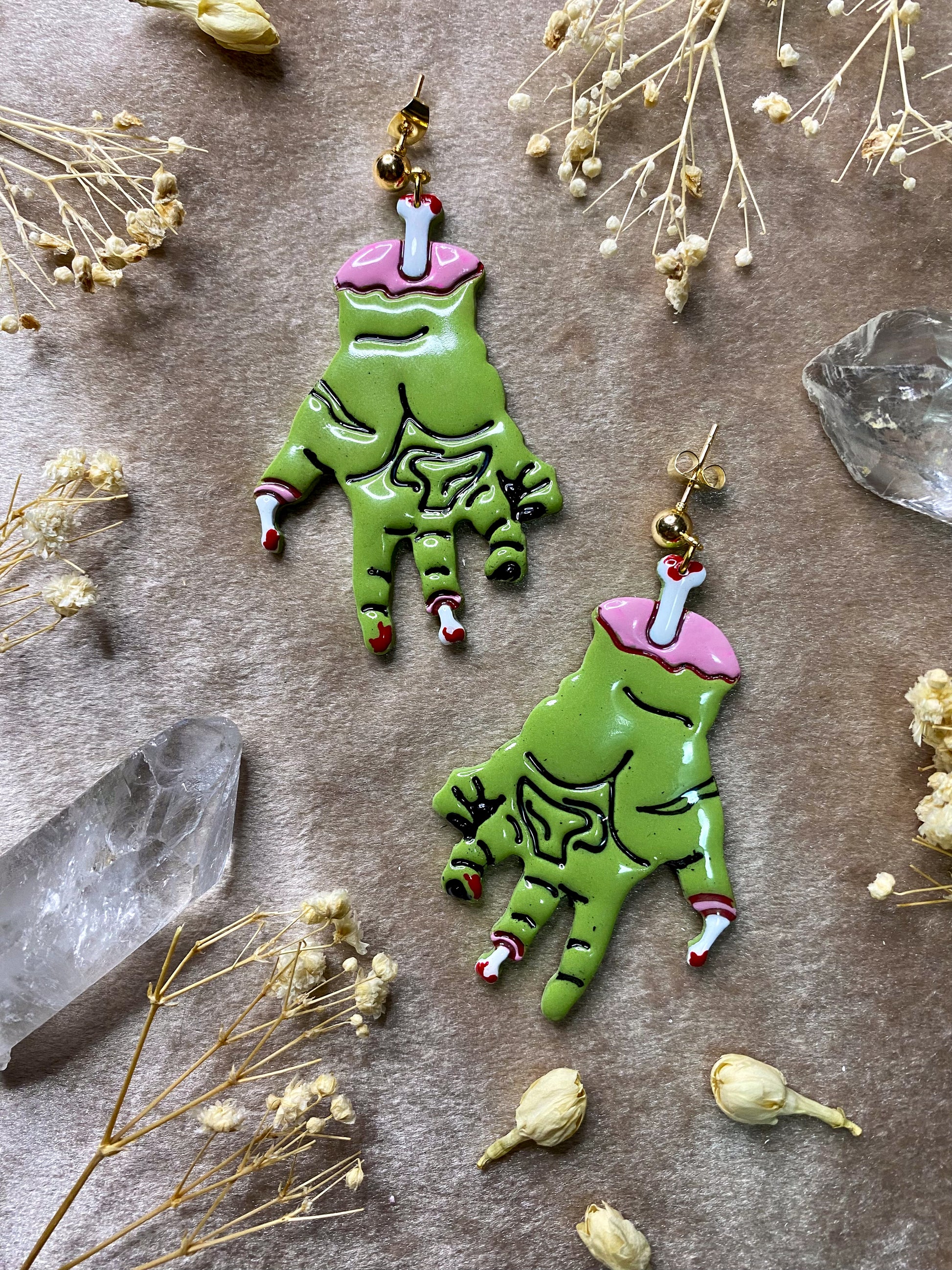 zombie hand earrings from polymer clay and resin