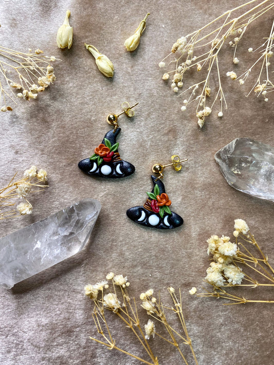 polymer clay floral witch hat earrings