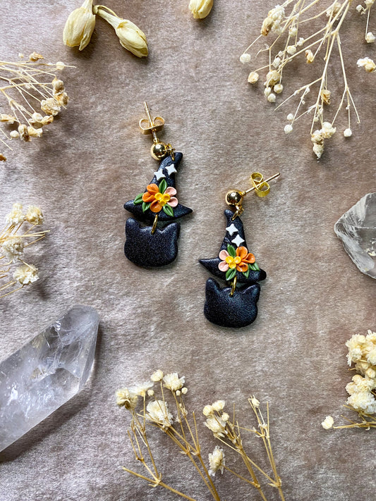 polymer clay floral witch hat and cat dangle earrings