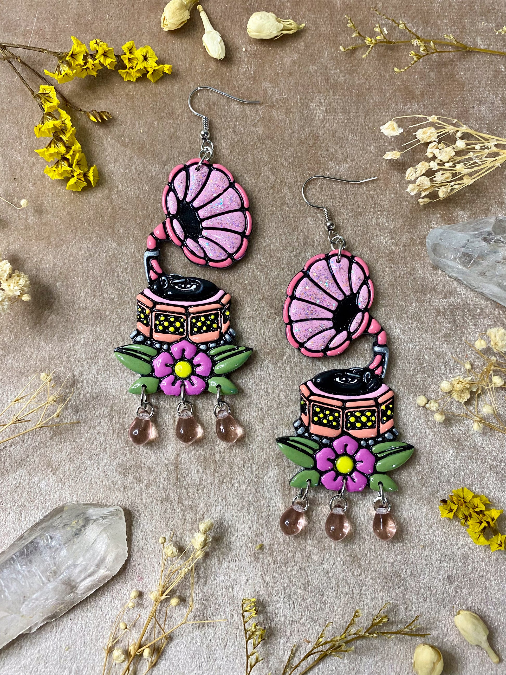 polymer clay and resin pink gramophone dangle earrings