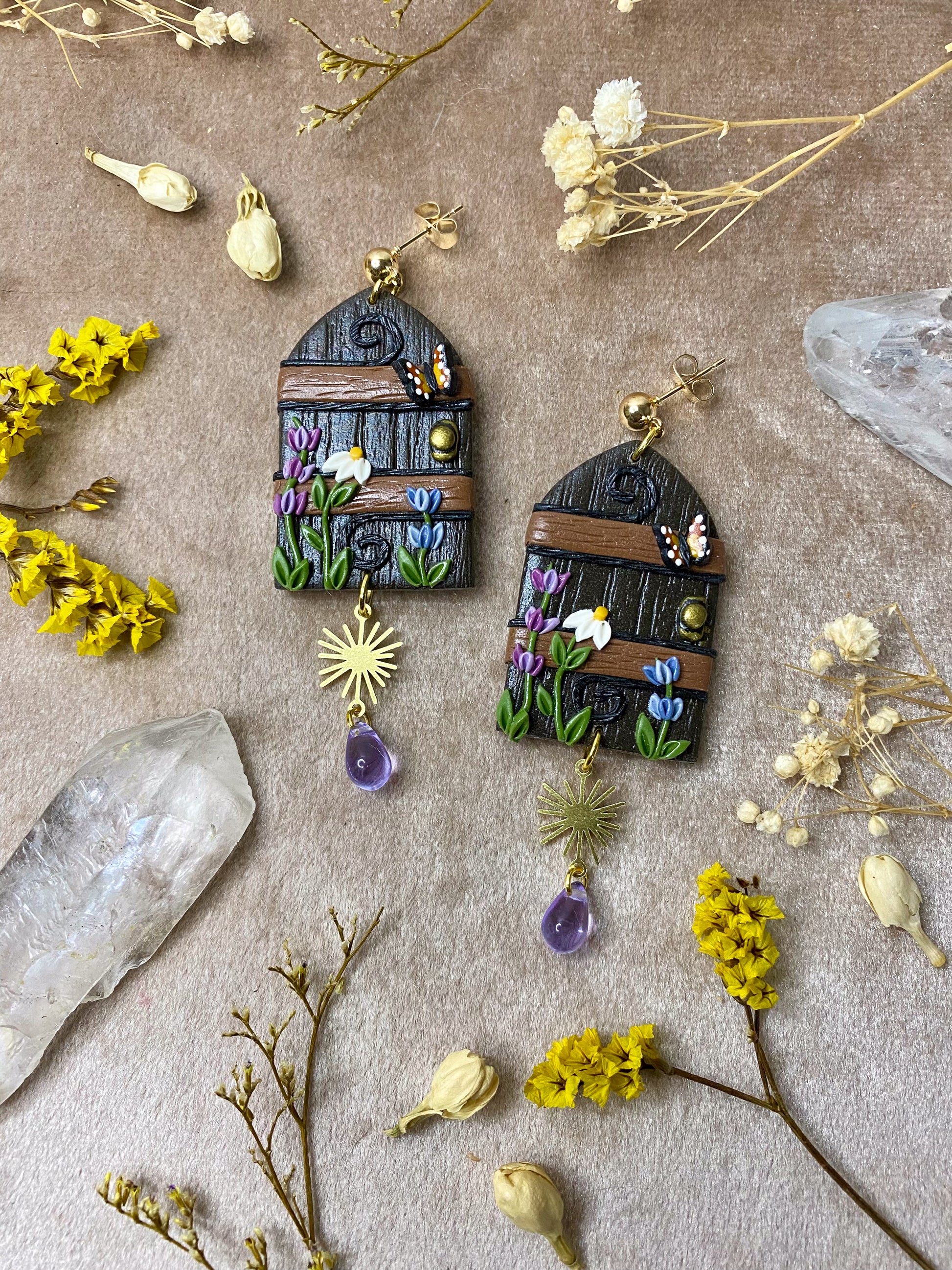 polymer clay fairy door secret garden dangle earrings