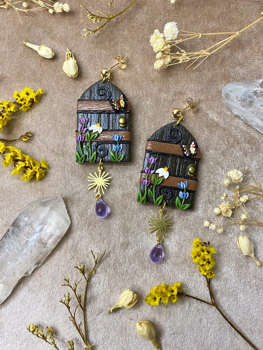 polymer clay fairy door secret garden dangle earrings