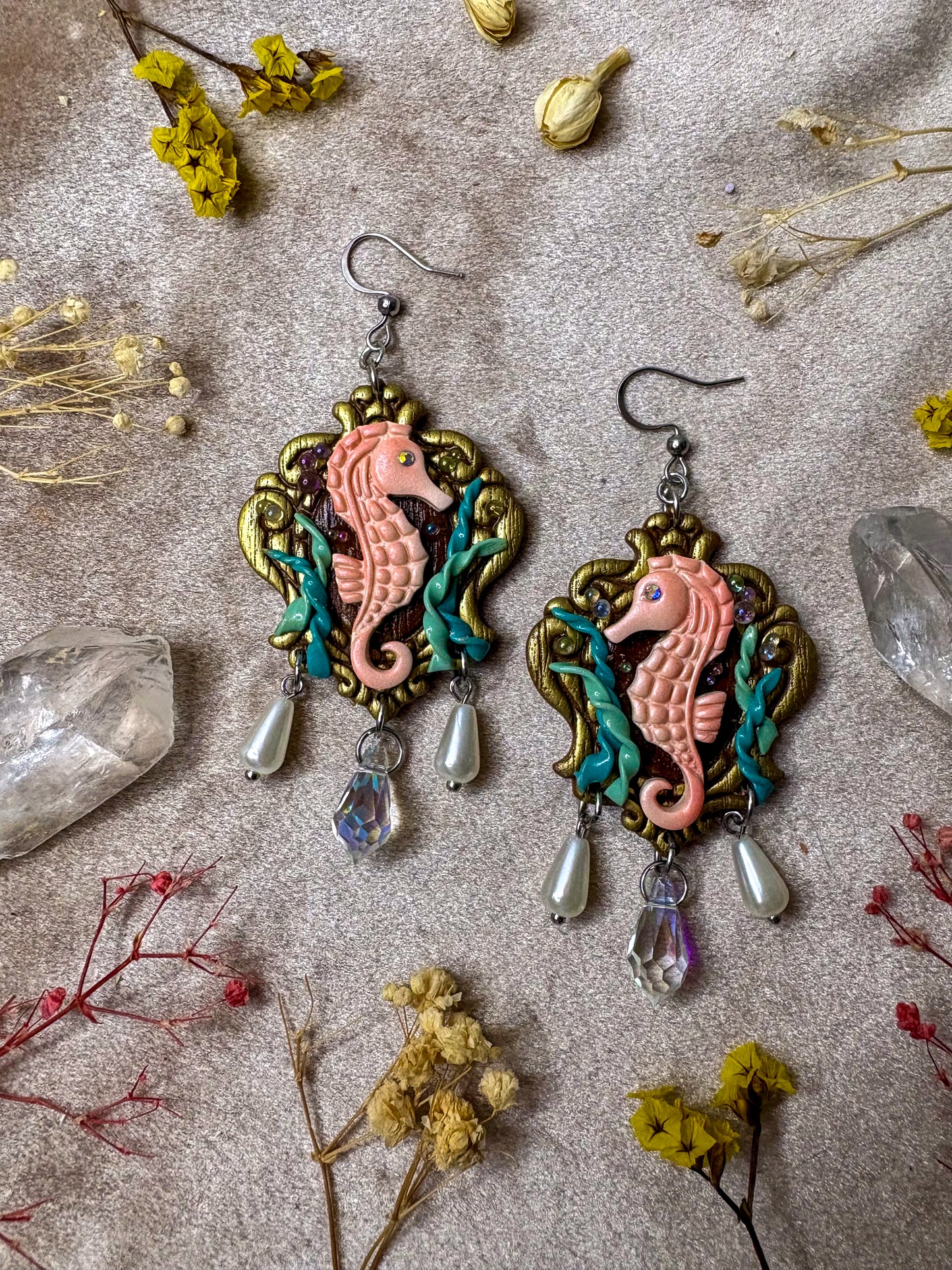 Seahorse in Seaweed Frame Earrings