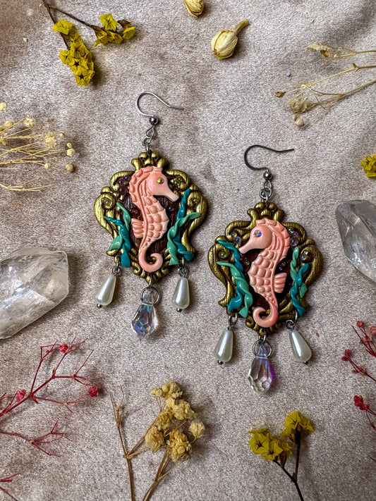 Seahorse in Seaweed Frame Earrings