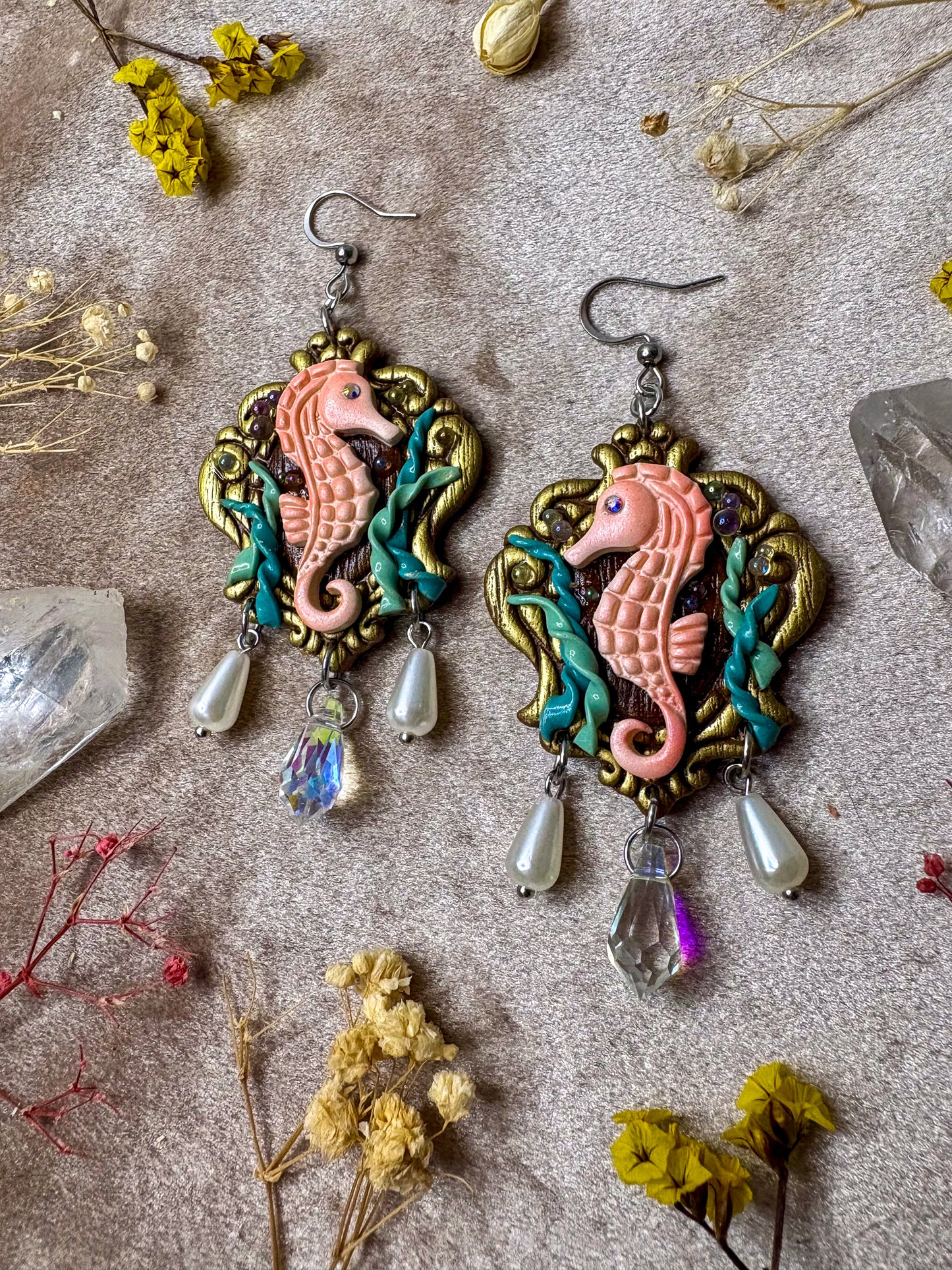 Seahorse in Seaweed Frame Earrings