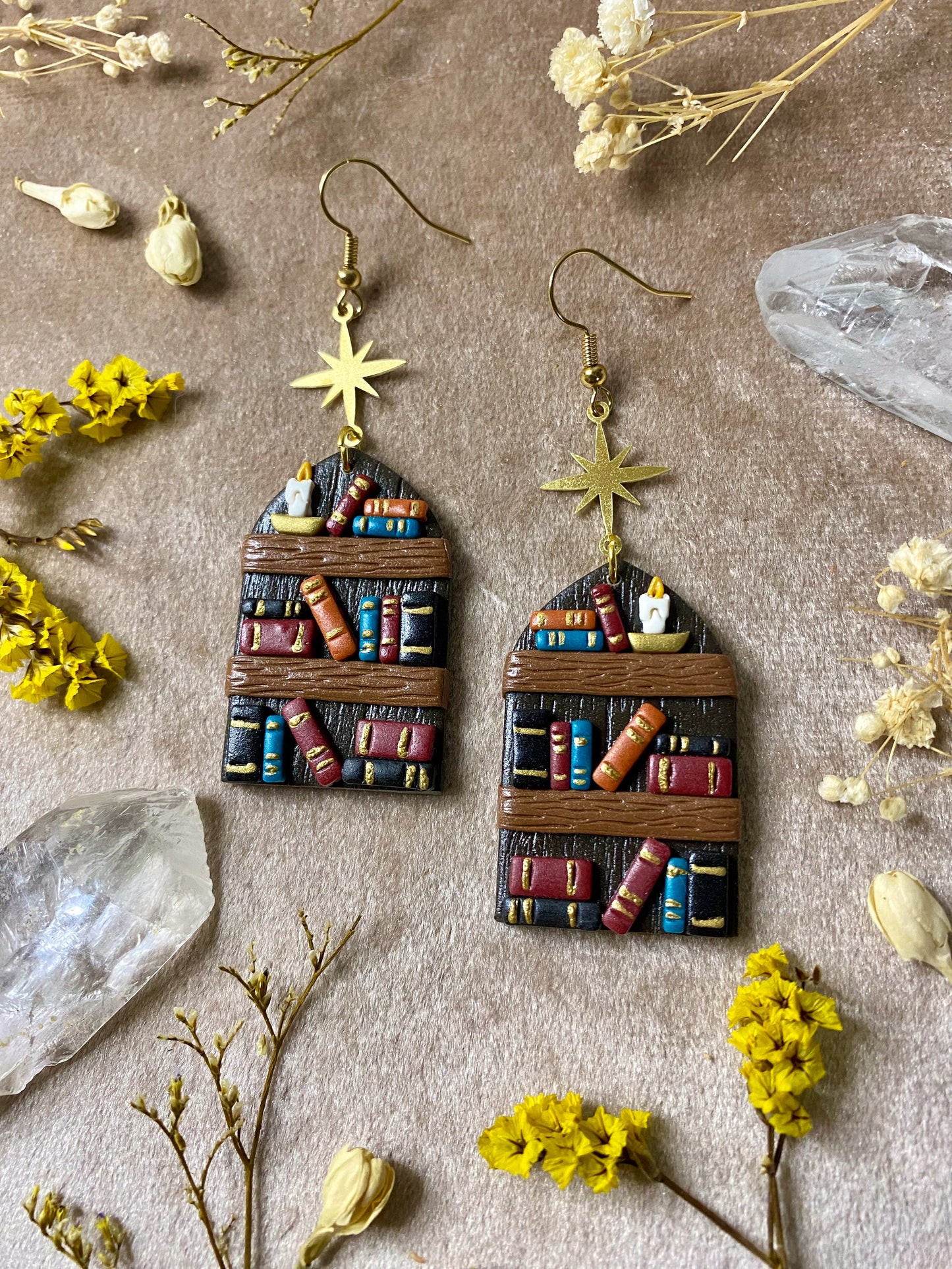 polymer clay candle and book shelf dangle earrings