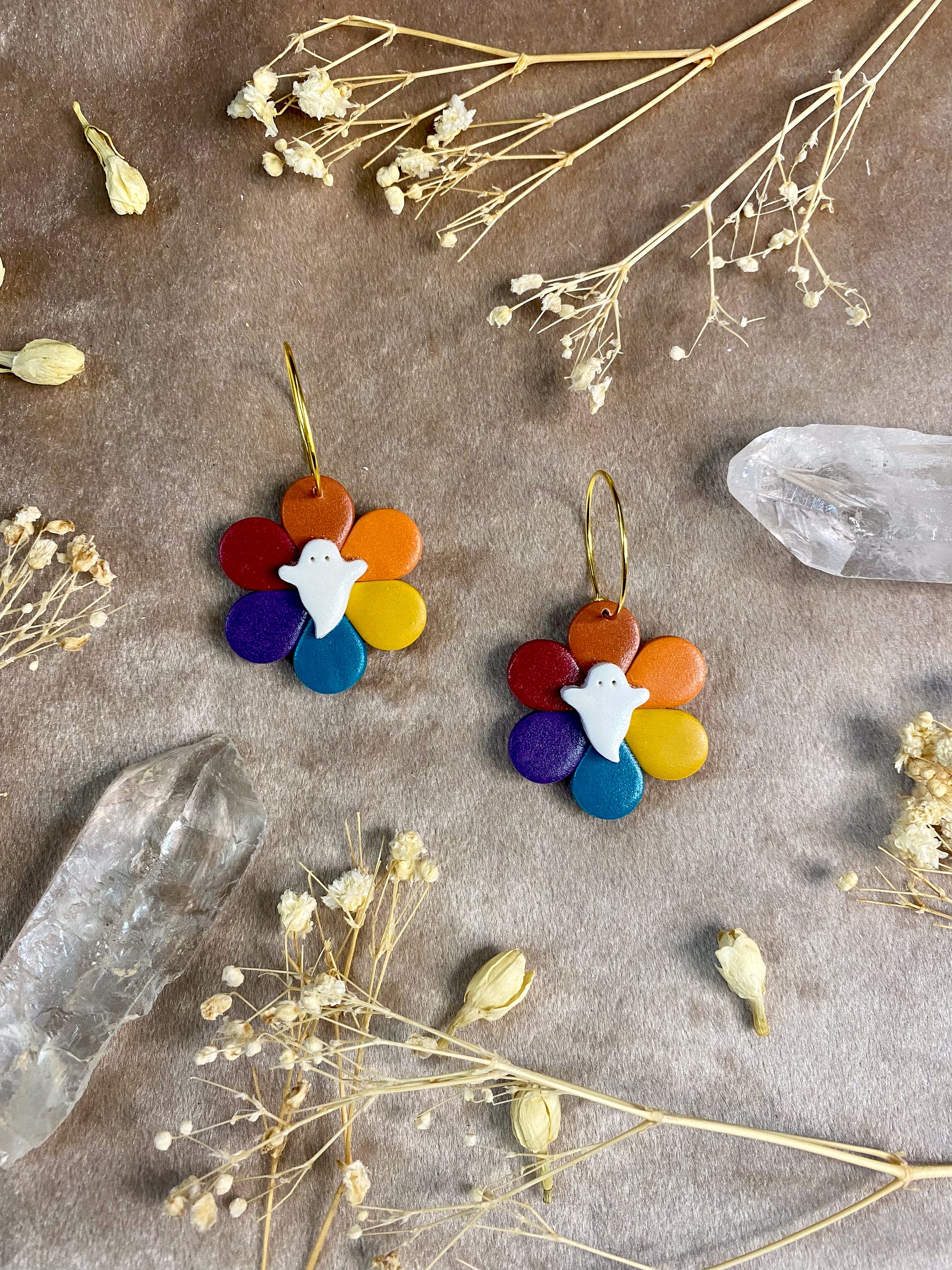 polymer clay rainbow ghost flower hoop earrings