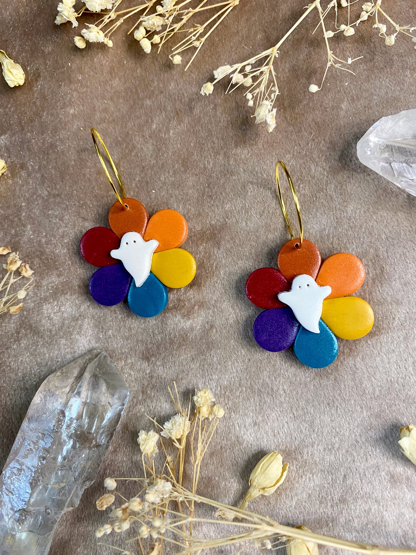 Rainbow Ghost Flower Hoop Earrings