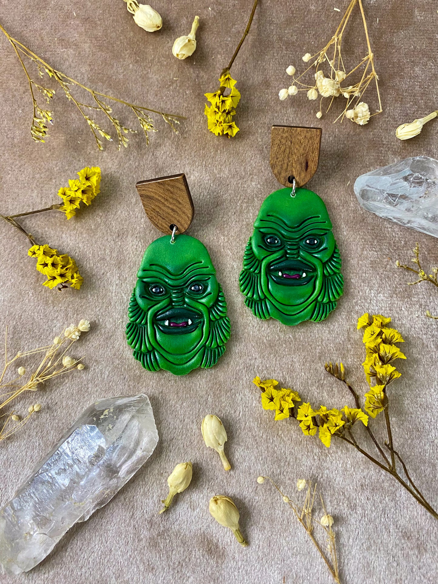 polymer clay halloween swamp creature earrings
