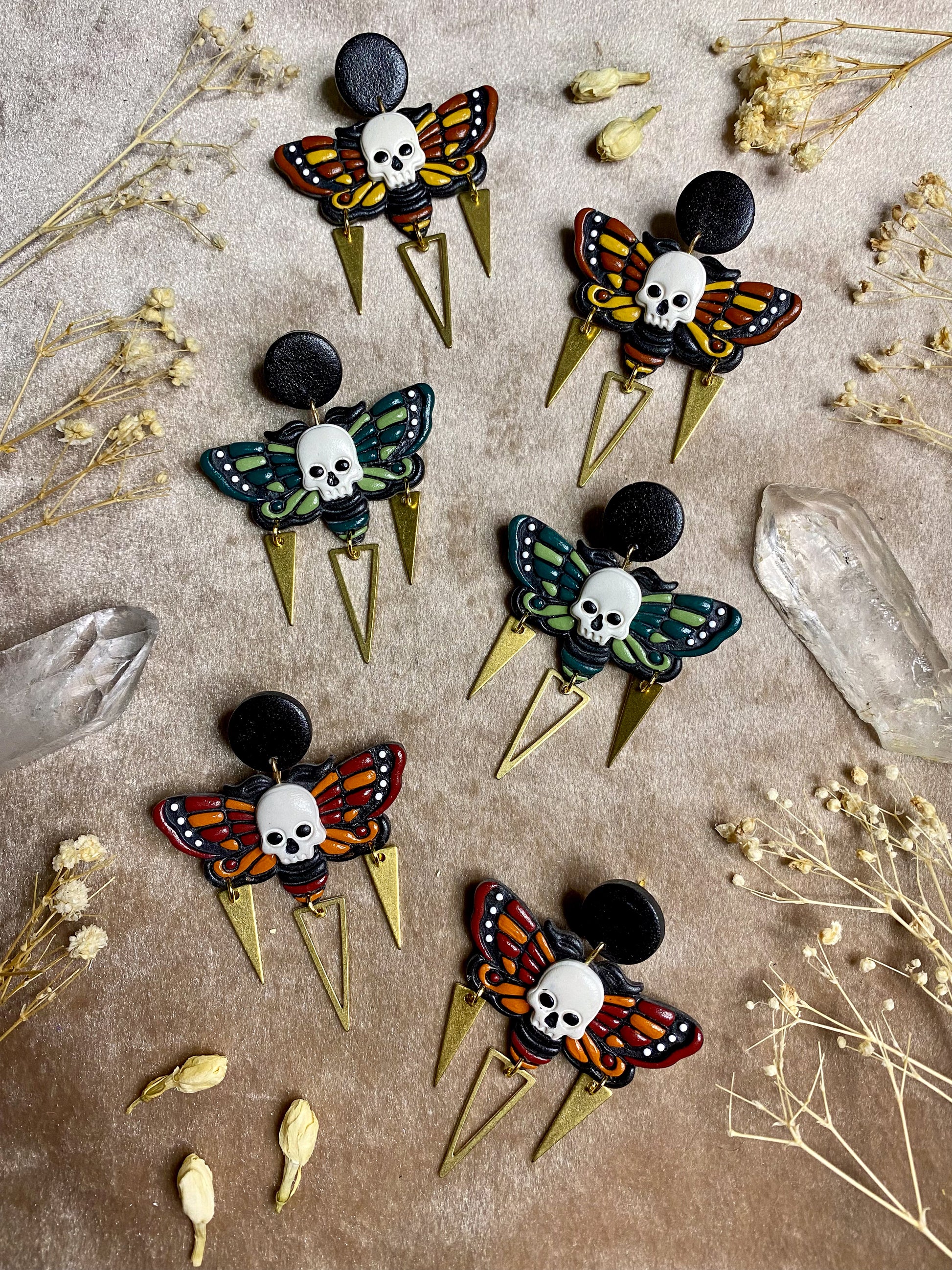 polymer clay death moth dangle earrings