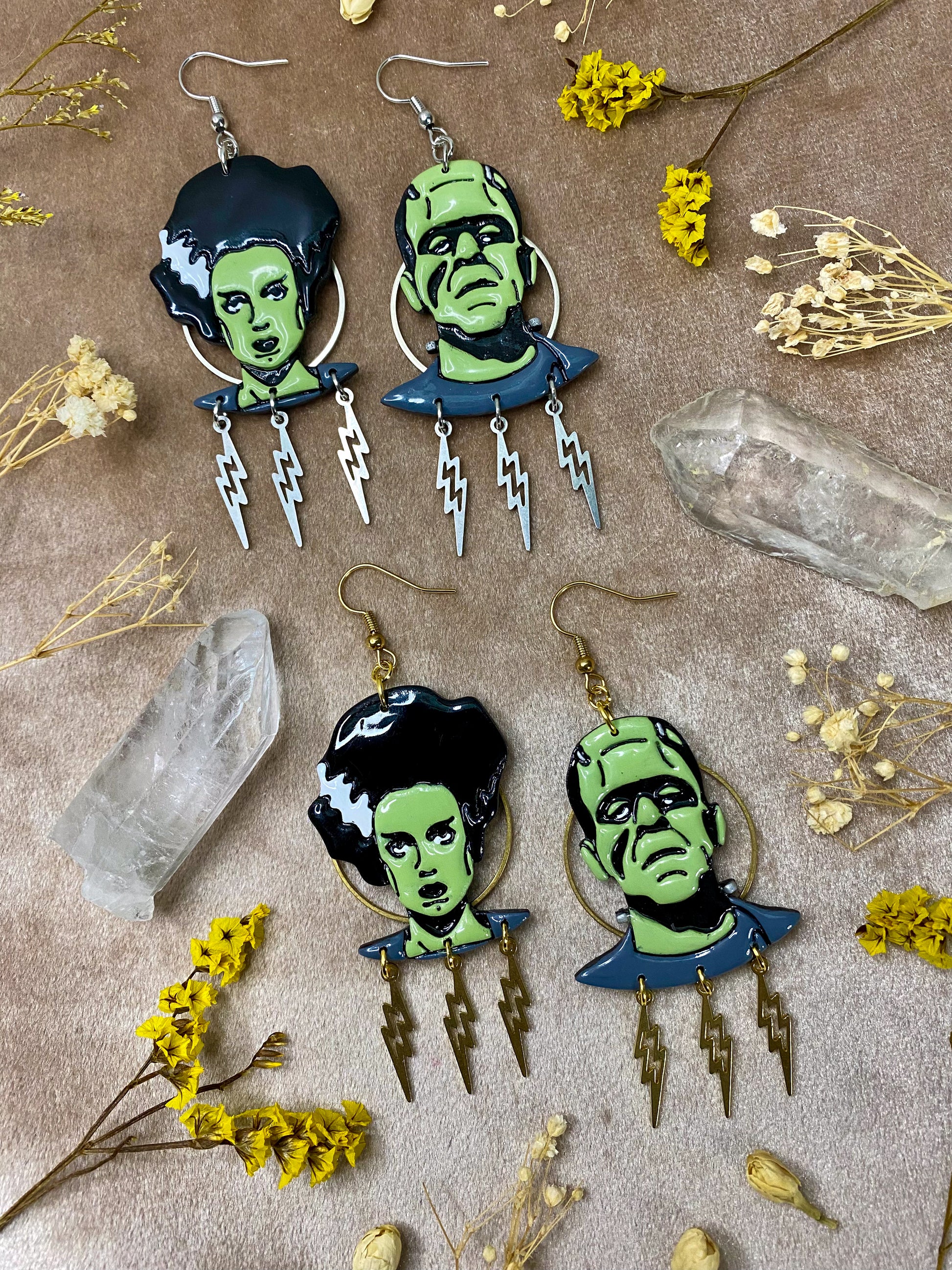 polymer clay halloween frankenstein and his bride resin dangle earrings
