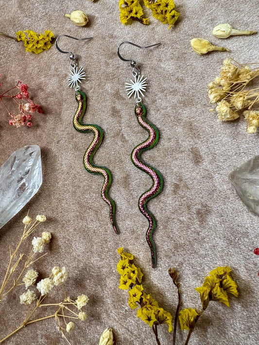 Iridescent Sunset Silver Snake Earrings
