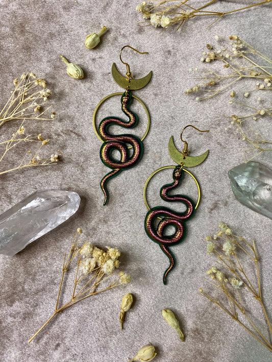 resin iridescent copper snake dangle earrings