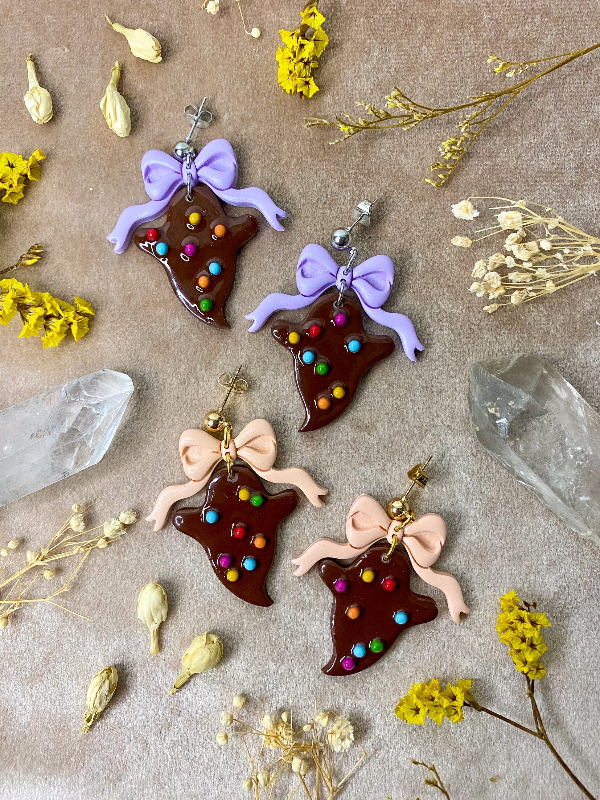 polymer clay Halloween and resin cosmic brownie ghost dangle earrings