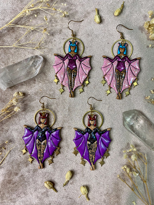 polymer clay and resin bat tattoo pin up girl dangle earrings