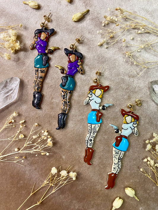 polymer clay and resin tattoo cowgirl dangle earrings
