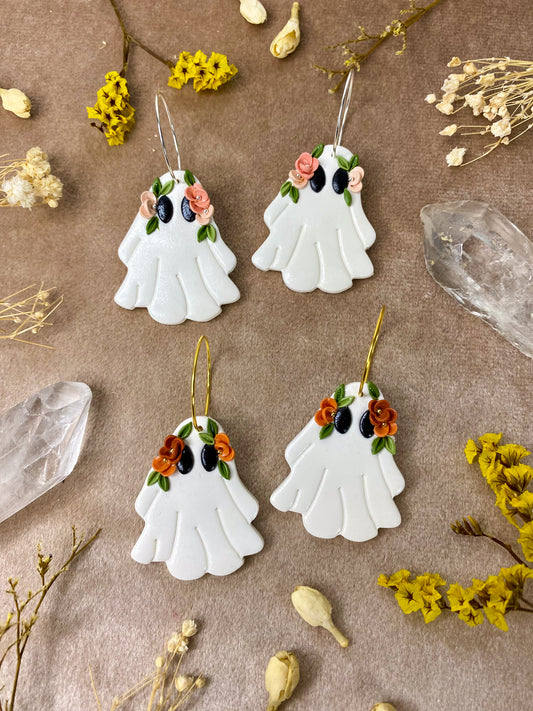 polymer clay Halloween floral ghost hoop earrings