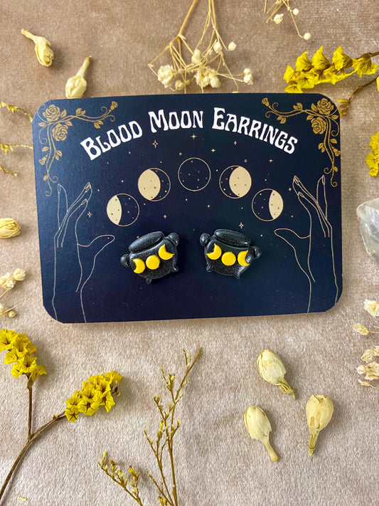 polymer clay cauldron moon phase stud earring