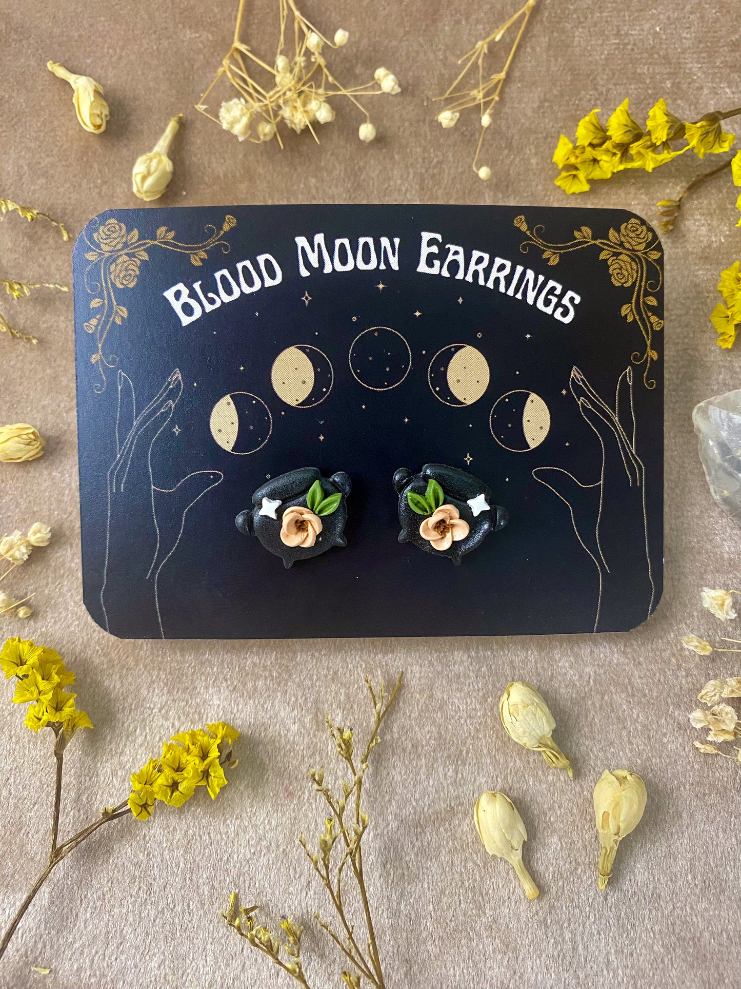 polymer clay Halloween floral cauldron stud earrings