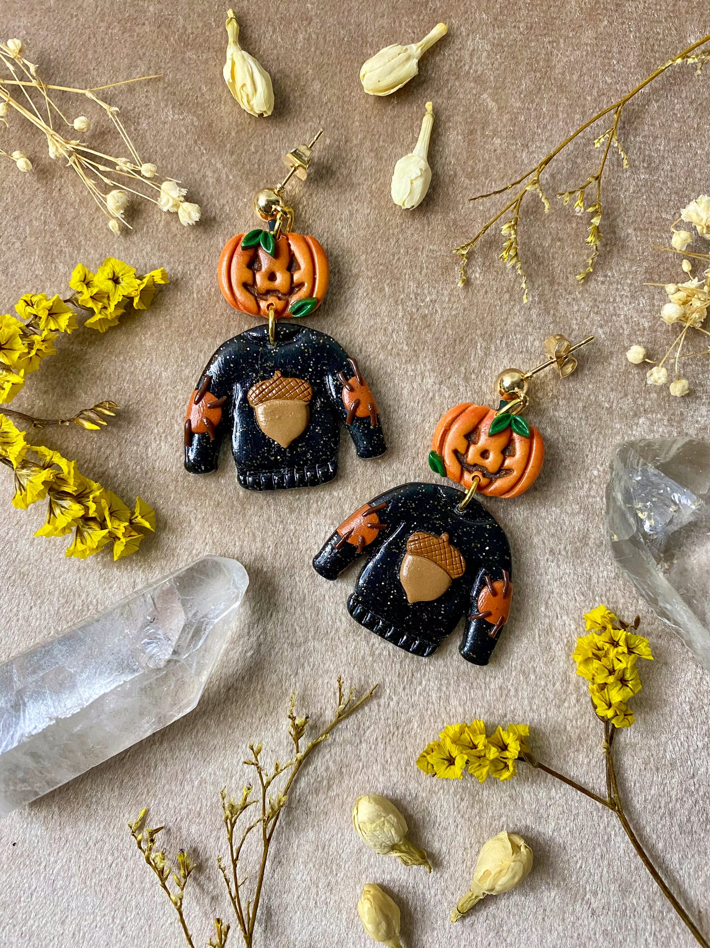 polymer clay Halloween sweater acorn pumpkin dangle earrings