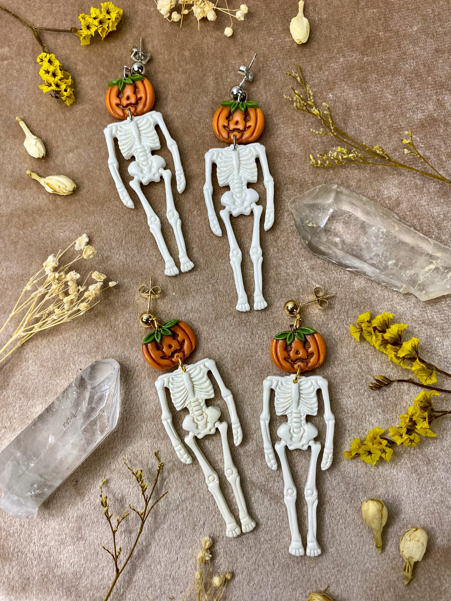 polymer clay halloween pumpkin head skeleton dangle earrings