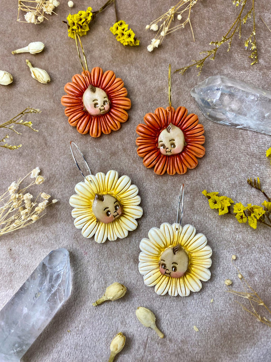 polymer clay Halloween daisy kewpie hoop earrings