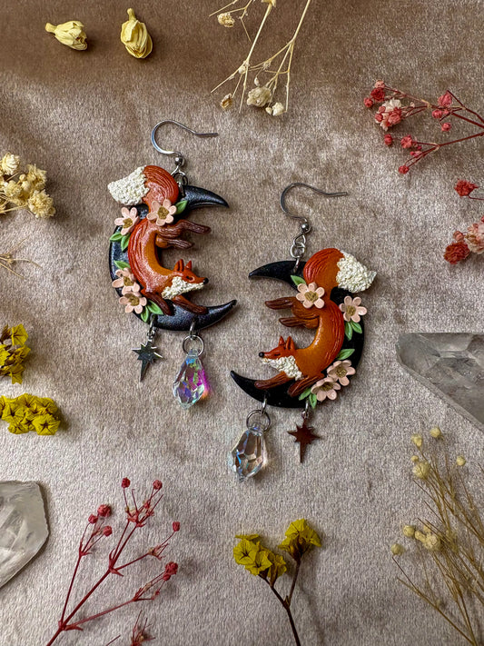 Floral Moon Fox Earrings