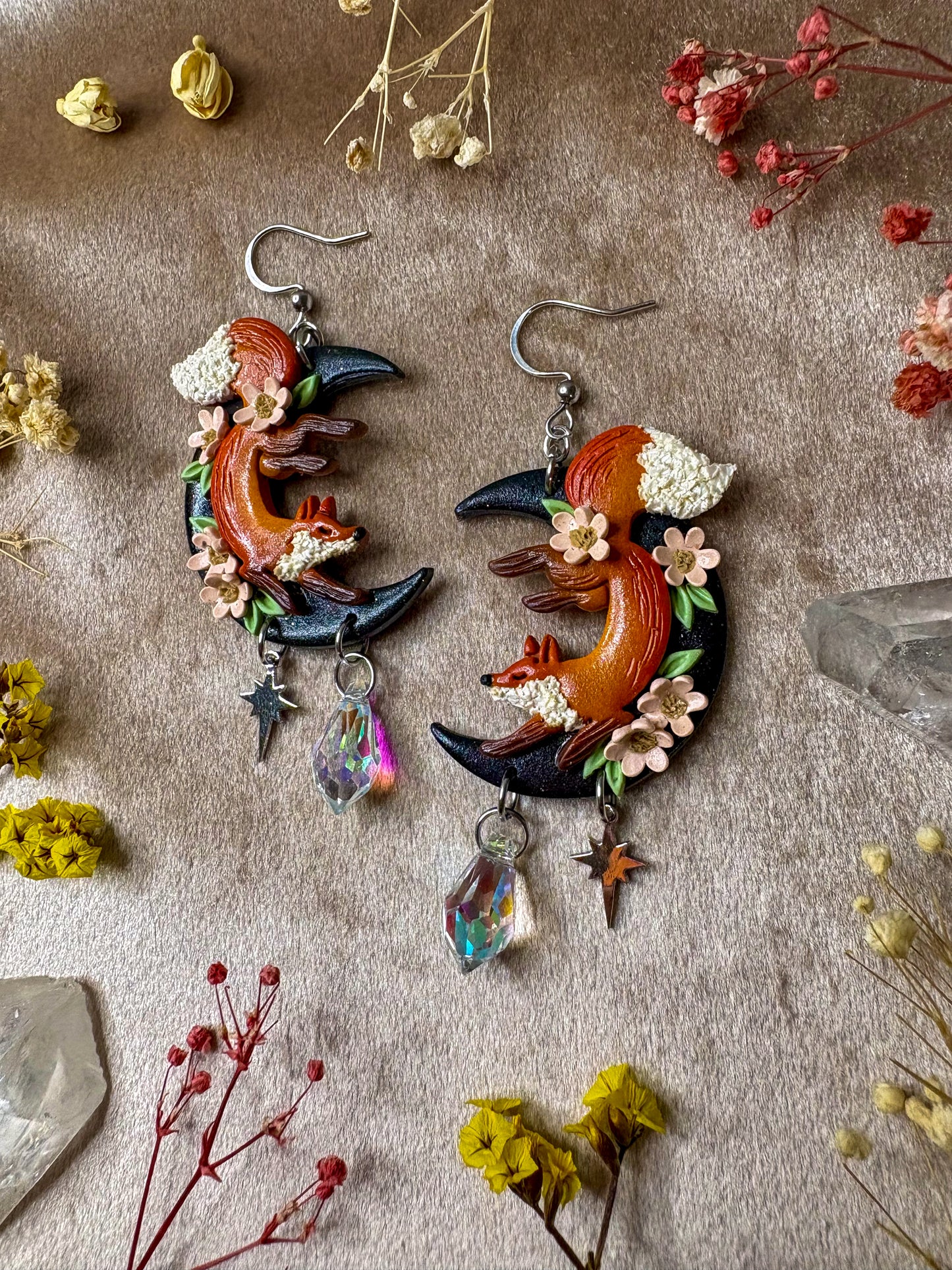 Floral Moon Fox Earrings