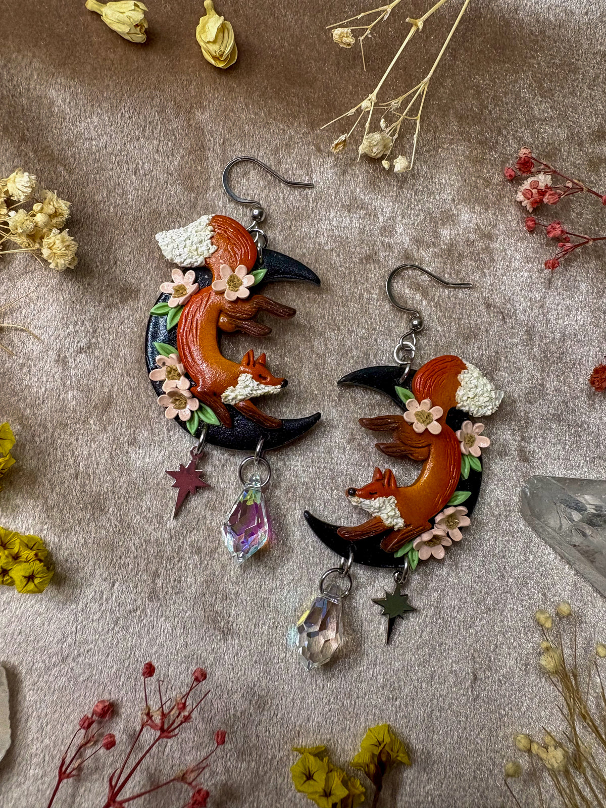 Floral Moon Fox Earrings