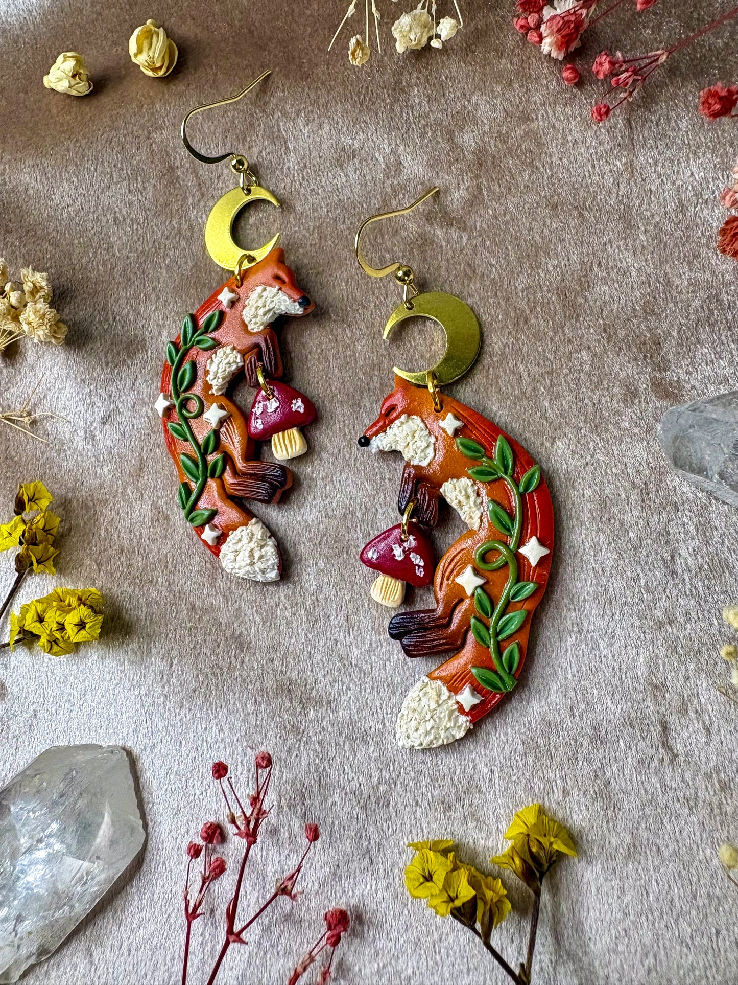 Sleeping Fox and Mushroom Earrings
