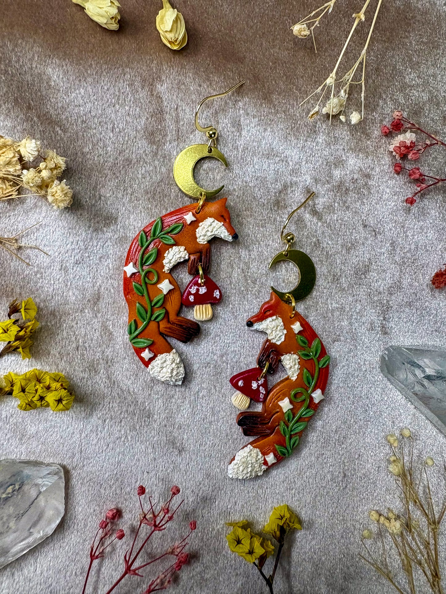 Sleeping Fox and Mushroom Earrings
