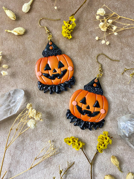 polymer clay Halloween pumpkin clown jester dangle earrings