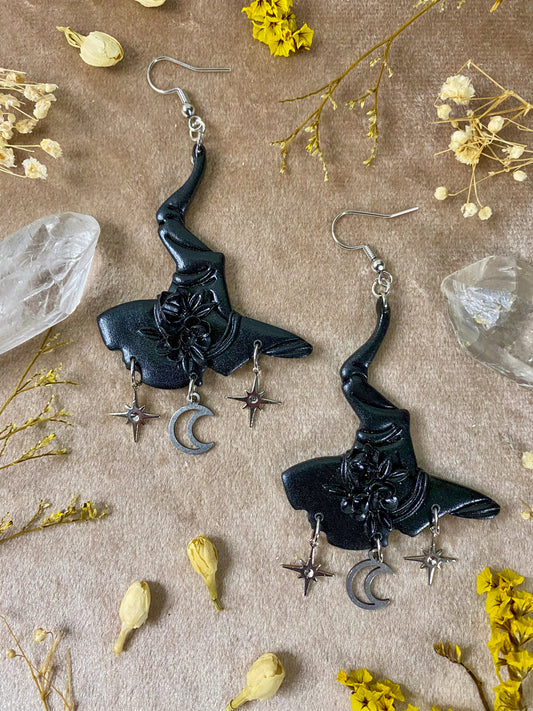 polymer clay Halloween floral monochrome witch hat earrings