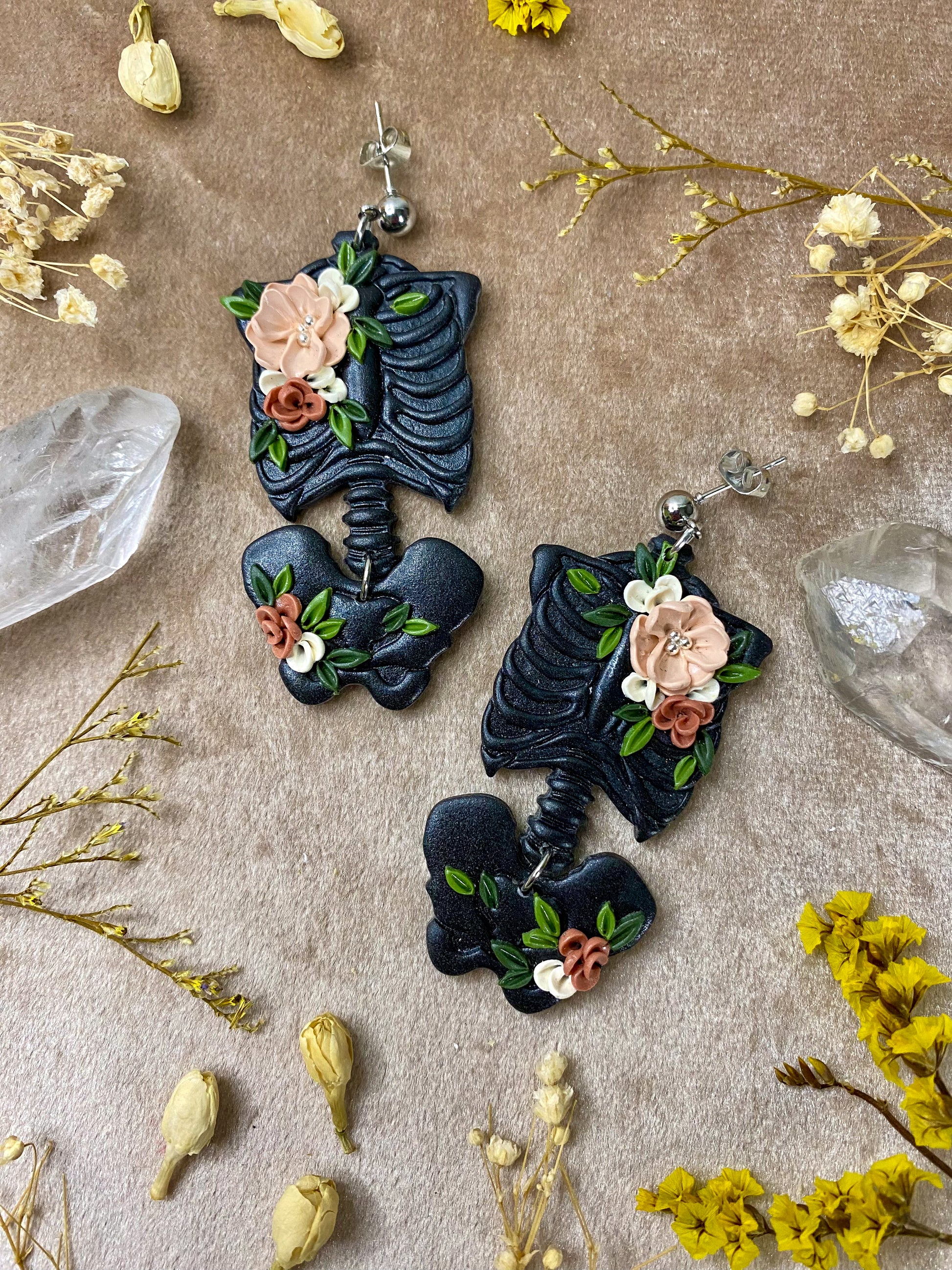 polymer clay halloween black torso skeleton floral dangle earrings