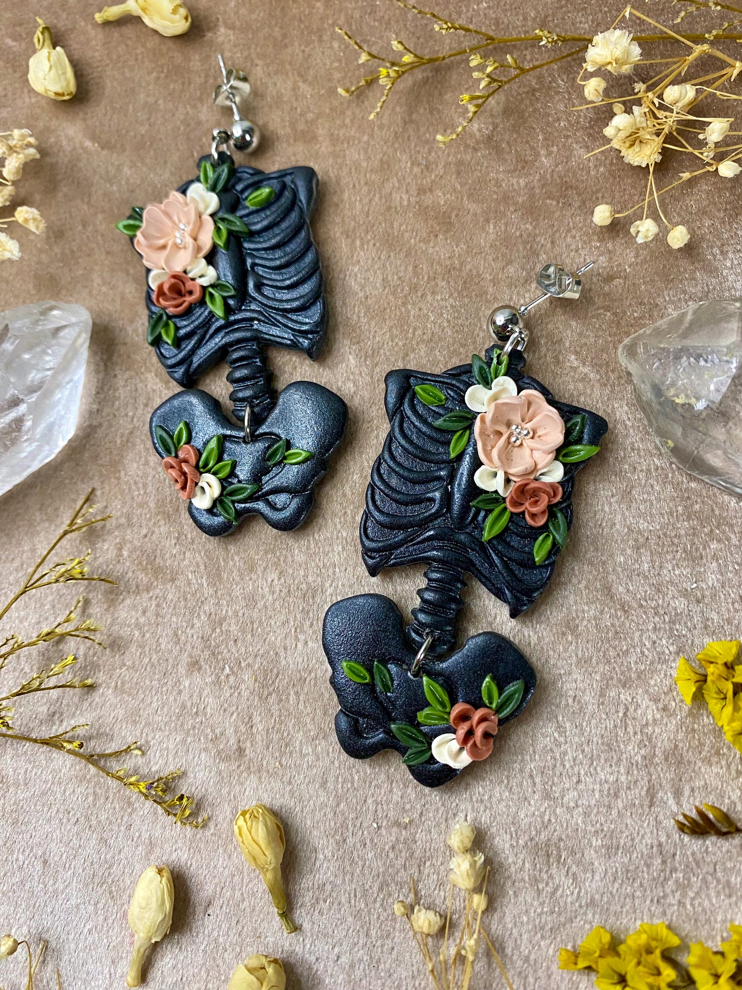 Black Floral Torso Skeleton Earrings