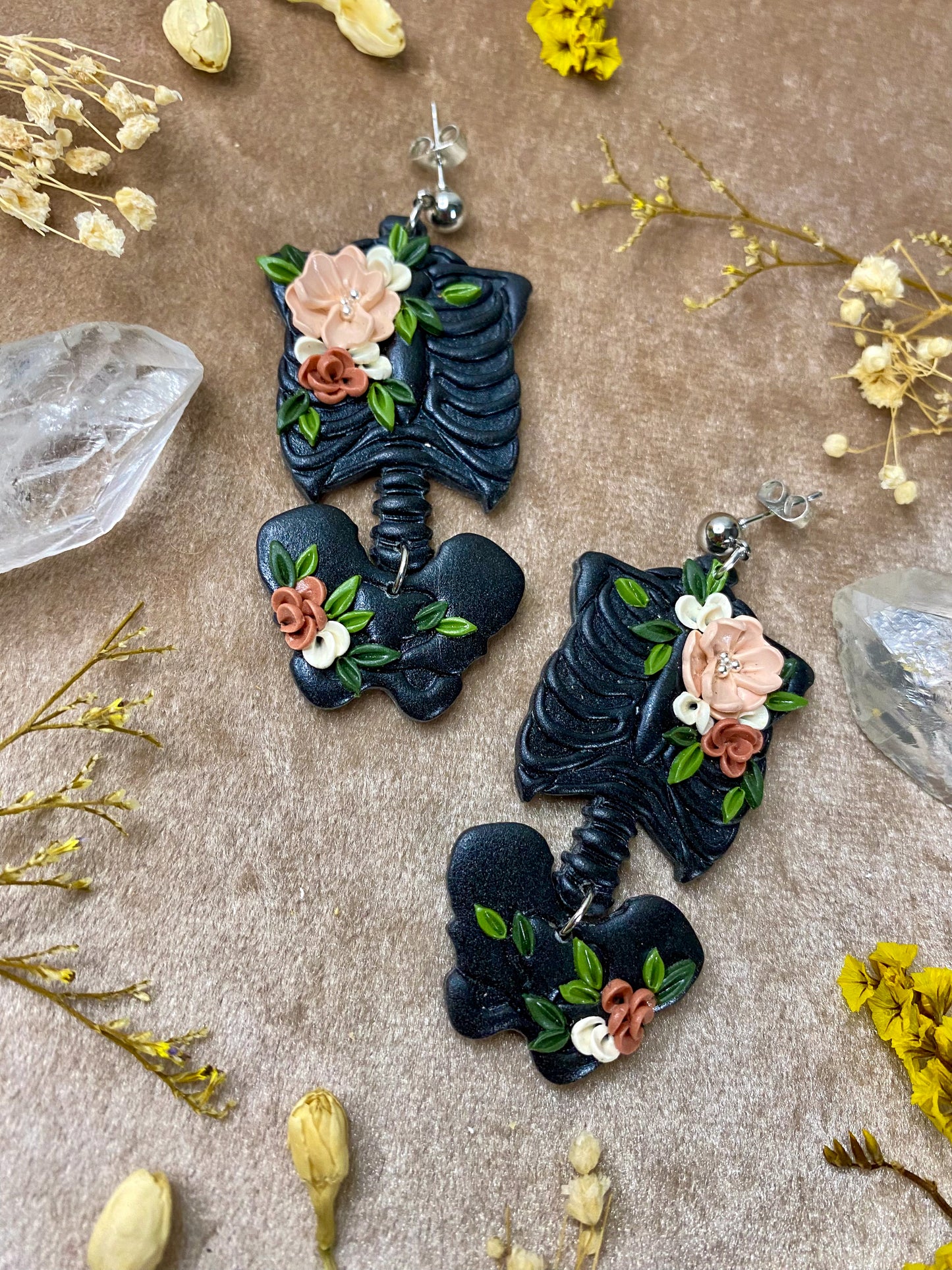 Black Floral Torso Skeleton Earrings